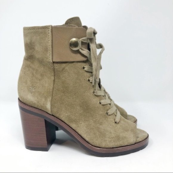 FRYE Booties Lace Up Combat Ankle Boots Heels Danica Peep Toe Olive Green New 6 - Picture 4 of 8